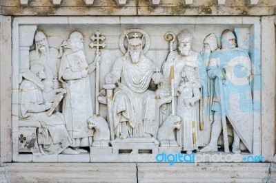 Sculpture At Base St Stephens Statue Budapest Stock Photo