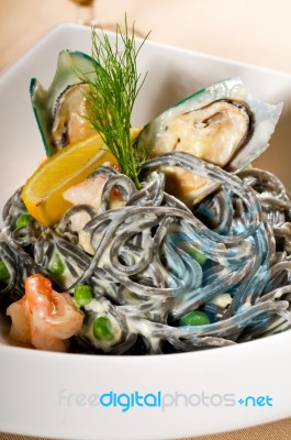 Seafood Black Spaghetti Stock Photo