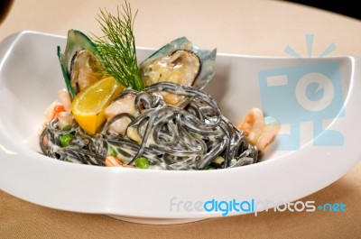 Seafood Black Spaghetti Stock Photo