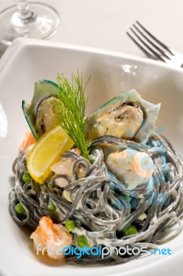 Seafood Black Spaghetti Stock Photo