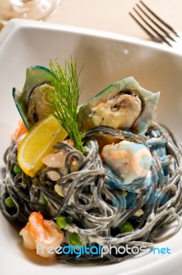 Seafood Black Spaghetti Stock Photo