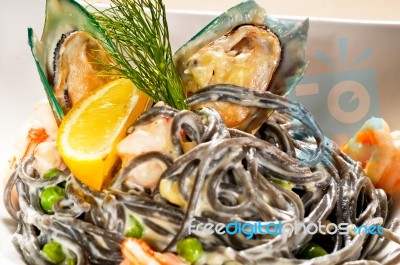 Seafood Black Spaghetti Stock Photo