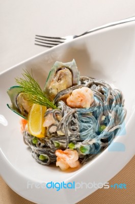 Seafood Black Spaghetti Stock Photo