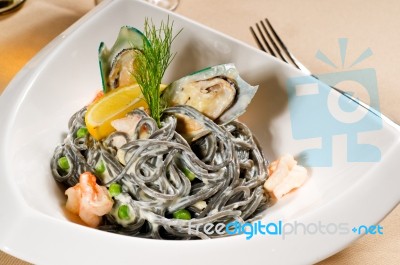 Seafood Black Spaghetti Stock Photo