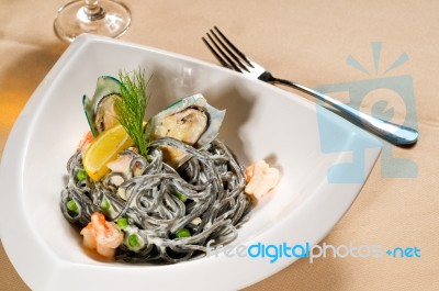 Seafood Black Spaghetti Stock Photo