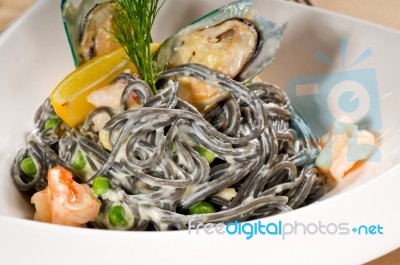 Seafood Black Spaghetti Stock Photo