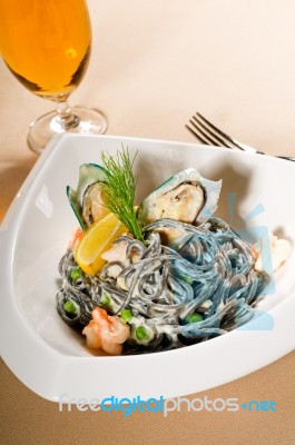 Seafood Black Spaghetti Stock Photo