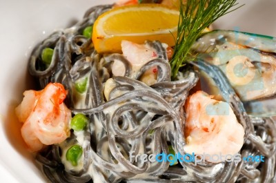 Seafood Black Spaghetti Stock Photo