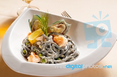 Seafood Black Spaghetti Stock Photo