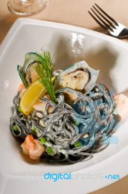 Seafood Black Spaghetti Stock Photo