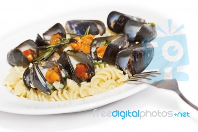 Seafood Fusilli Pasta Stock Photo