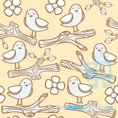 Seamless Pattern With Bird On Branch, Illustration Background Stock Image