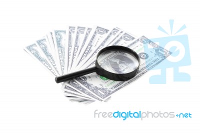 Search Money With Magnifying Glass On White Background Stock Photo