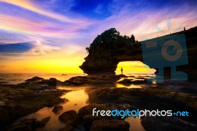 Seascape At Tanah Lot Temple And Sunset In Bali, Indonesia.(dark) Stock Photo