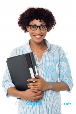 Secretary Holding Business Files, Expressing Excitement Stock Photo