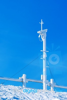 Security Camera Covered By Snow In Winter Stock Photo