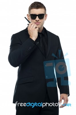 Security Officer With Walkie Talkie Stock Photo