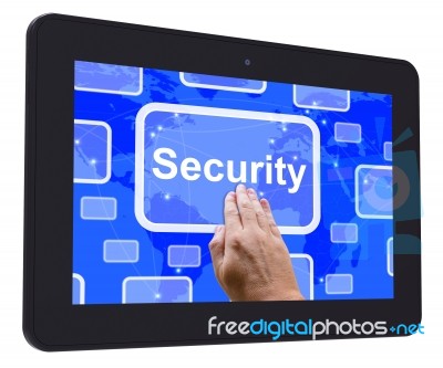 Security Tablet Touch Screen Shows Privacy Encryptions And Safet… Stock Image