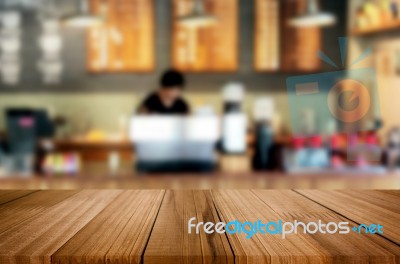 Selected Focus Empty Brown Wooden Table And Coffee Shop Or Resta… Stock Photo