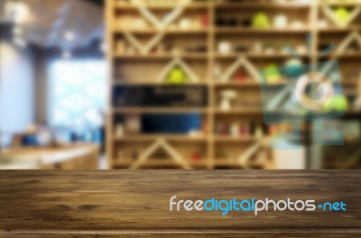 Selected Focus Empty Brown Wooden Table And Coffee Shop Or Resta… Stock Photo