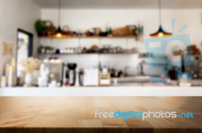 Selected Focus Empty Brown Wooden Table And Coffee Shop Or Resta… Stock Photo