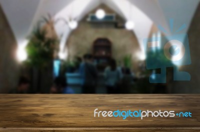 Selected Focus Empty Brown Wooden Table And Coffee Shop Or Resta… Stock Photo