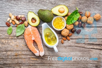 Selection Food Sources Of Omega 3 And Unsaturated Fats. Superfoo… Stock Photo