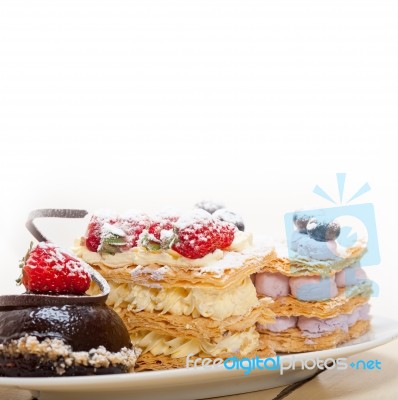 Selection Of Fresh Cream Cake Dessert Plate Stock Photo