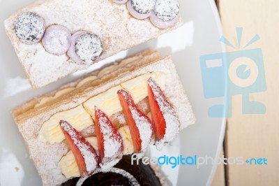 Selection Of Fresh Cream Cake Dessert Plate Stock Photo