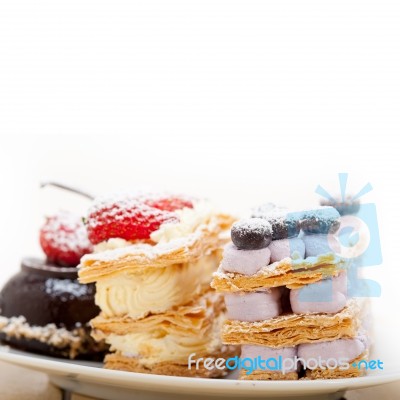 Selection Of Fresh Cream Cake Dessert Plate Stock Photo