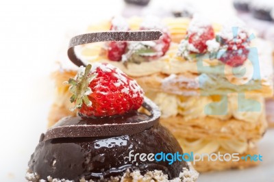 Selection Of Fresh Cream Cake Dessert Plate Stock Photo