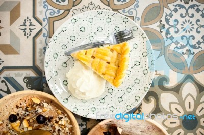 Selective Focus Coconut Pie With Coconut Cream And Meringue Stock Photo