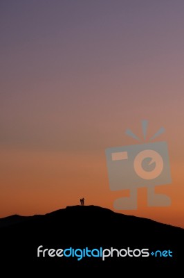 Selfie Top Of The Hill During Sunset Stock Photo