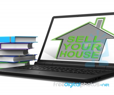 Sell Your House Home Tablet Means Find Property Buyers Stock Image