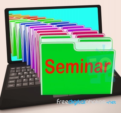 Seminar Folders Laptop Show Convention Presentation Or Meeting Stock Image