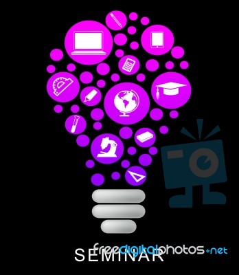 Semnar Lightbulb Indicates Power Source And Conference Stock Image