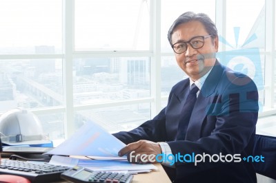 Senior Business Man Working On Office Table With Smiling Face Happiness Emotion Stock Photo