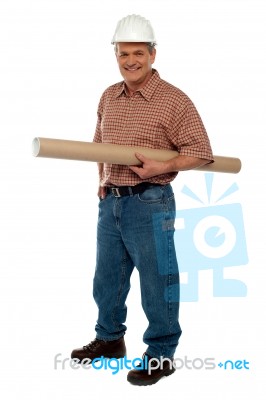 Senior Engineer Holding Blue Print Stock Photo