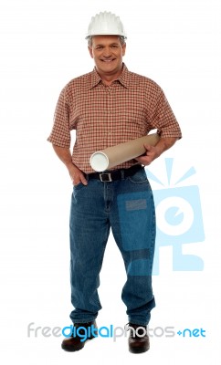 Senior Engineer Holding Blue Print Stock Photo