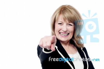 Senior Woman Pointing Finger Stock Photo