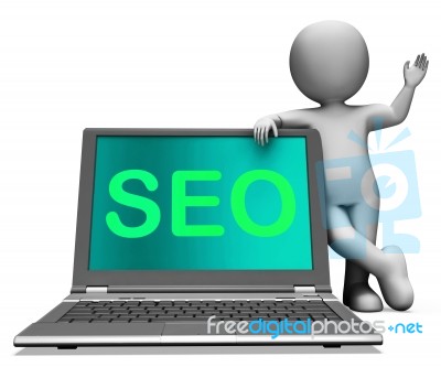 Seo Laptop And Character Shows Search Engine Optimization Stock Image