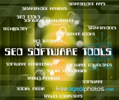 Seo Software Tools Indicates Optimizing Websites And Optimizatio… Stock Image