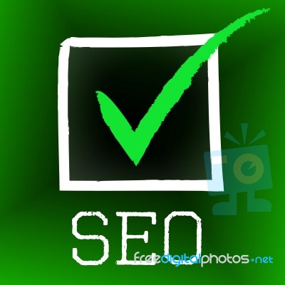 Seo Tick Indicates Confirmed Correct And Pass Stock Image