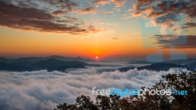 Seoraksan Mountains Is Covered By Morning Fog And Sunrise In Seoul,korea Stock Photo