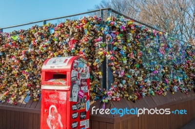 Seoul - February 1 : Love Padlocks At N Seoul Tower Or Locks Of Love Is A Custom In Some Cultures Which Symbolize Their Love Will Be Locked Forever At Seoul Tower On February 1,2015 In Seoul,south Korea Stock Photo