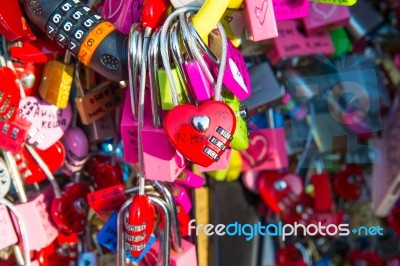 Seoul - February 1 : Love Padlocks At N Seoul Tower Or Locks Of Love Is A Custom In Some Cultures Which Symbolize Their Love Will Be Locked Forever At Seoul Tower On February 1,2015 In Seoul,south Korea Stock Photo