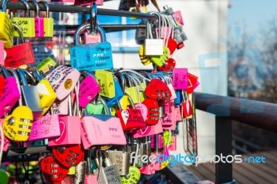 Seoul - February 1 : Love Padlocks At N Seoul Tower Or Locks Of Love Is A Custom In Some Cultures Which Symbolize Their Love Will Be Locked Forever At Seoul Tower On February 1,2015 In Seoul,south Korea Stock Photo