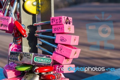 Seoul - February 1 : Love Padlocks At N Seoul Tower Or Locks Of Love Is A Custom In Some Cultures Which Symbolize Their Love Will Be Locked Forever At Seoul Tower On February 1,2015 In Seoul,south Korea Stock Photo