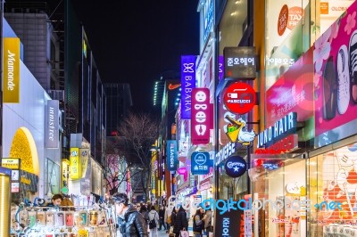 Seoul - March 20: Myeong-dong Market Is Large Shopping Street In Seoul.photo Taken On March 20,2016 In Seoul,south Korea Stock Photo