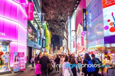 Seoul - March 20: Myeong-dong Market Is Large Shopping Street In Seoul.photo Taken On March 20,2016 In Seoul,south Korea Stock Photo